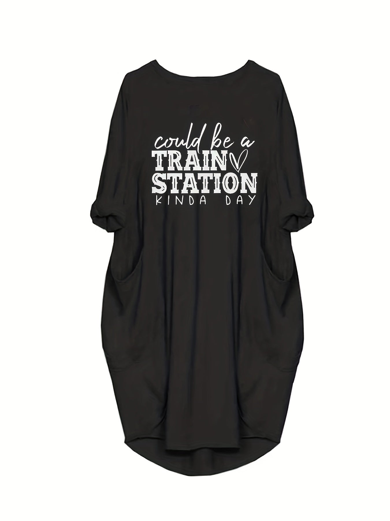 Women's Plus Slogan Print Casual Dress with Pockets