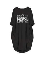 Women's Plus Slogan Print Casual Dress with Pockets