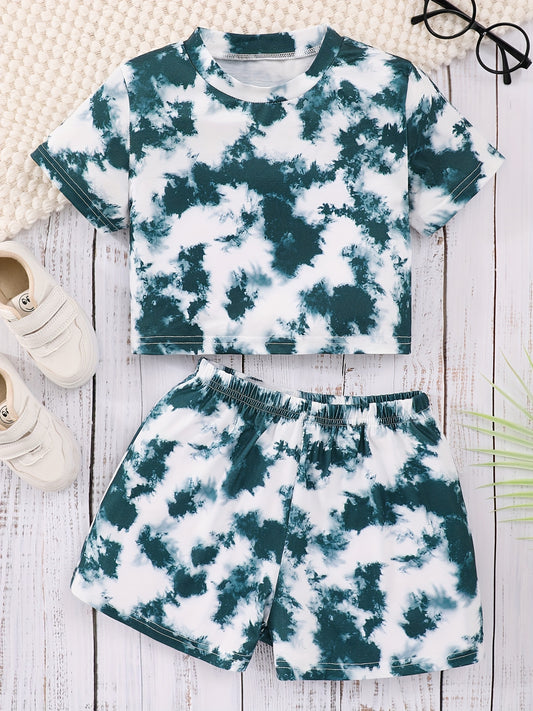 2pcs Girls Tie Dye T-Shirts & Shorts Set Summer Outfit Kids Casual Clothes