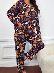  Halloween Pajamas Set Allover Halloween Graphic Tee & Pants Lounge Set
