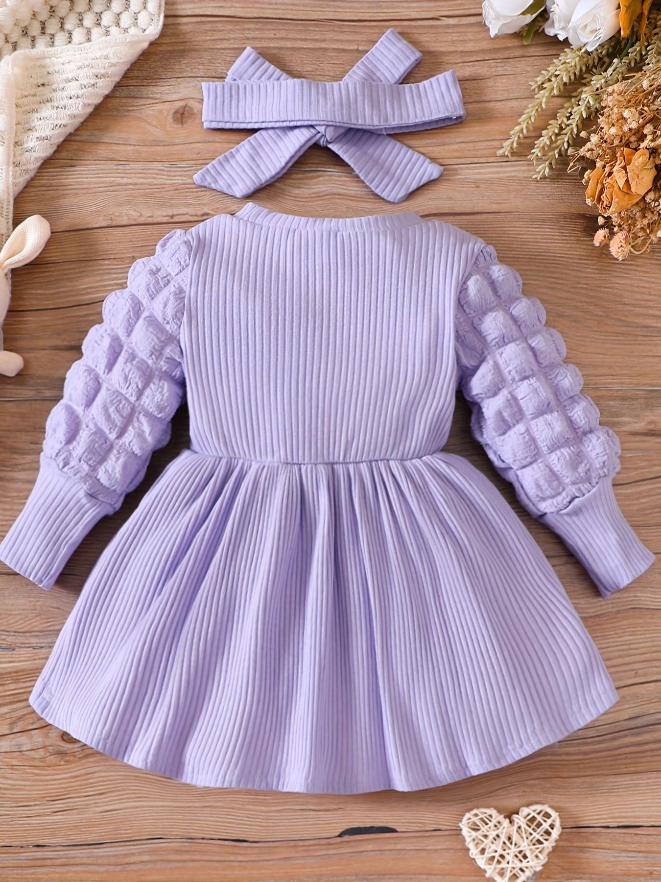 Baby's Pleated Long Sleeve Dress Set with Headband