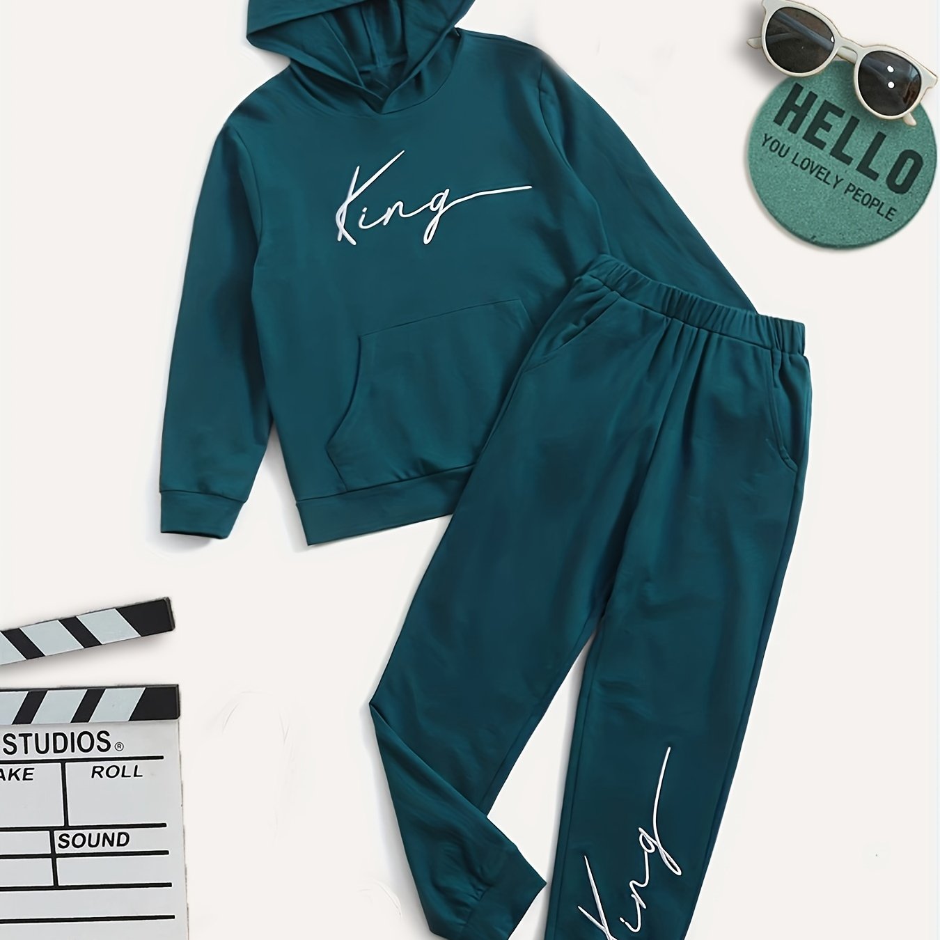 Boy's KING Print 2pcs Hoodie & Sweatpants Set Long Sleeve Top Casual