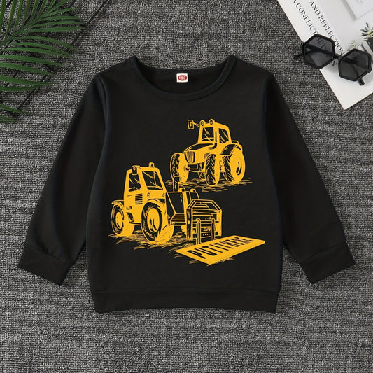 Excavator Print Boys Casual Pullover Sweatshirt Long Sleeve Crew Neck Tops