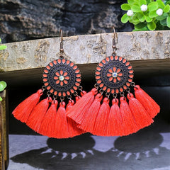 Bohemian Style Fan Shaped Tassel Earrings with Rhinestones
