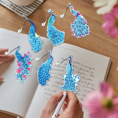 6packs Diamond Painting Bookmarks With Tassels DIY, Resin Water Drill Peacock Fe