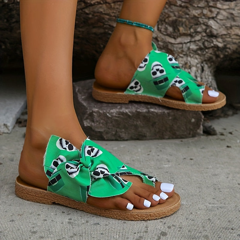 Women's Skull Print Slide Sandals Casual Loop Toe Bowknot Decor Shoes