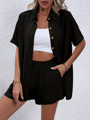 Casual Solid Two piece Set Button Front Blouse & Elastic Shorts Outfits