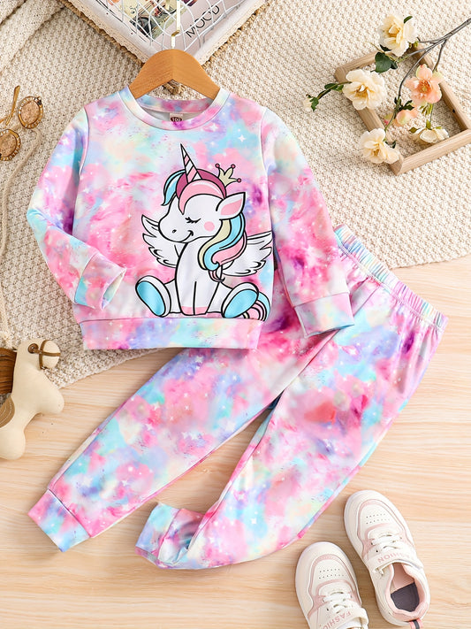 Girl's Tie Dye Unicorn Print 2pcs Set for Spring Fall