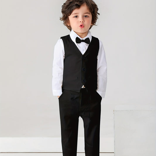 Kids Gentleman Suit 3pcs Dress Shirt Vest And Pants With Bow For Baby Boys
