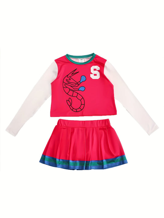 2pcs Girls Cheerleading Outfits Top Skirt Set Splicing Design