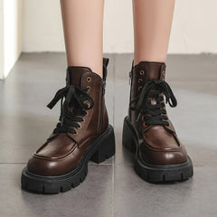 Chunky Heeled Combat Boots Lace Up & Side Zipper Women's Ankle Boot