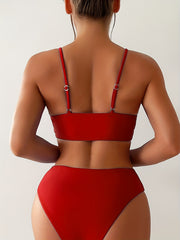 Solid V Neck Bikini Set Spaghetti Straps High Stretch Two Pieces Swimsuit