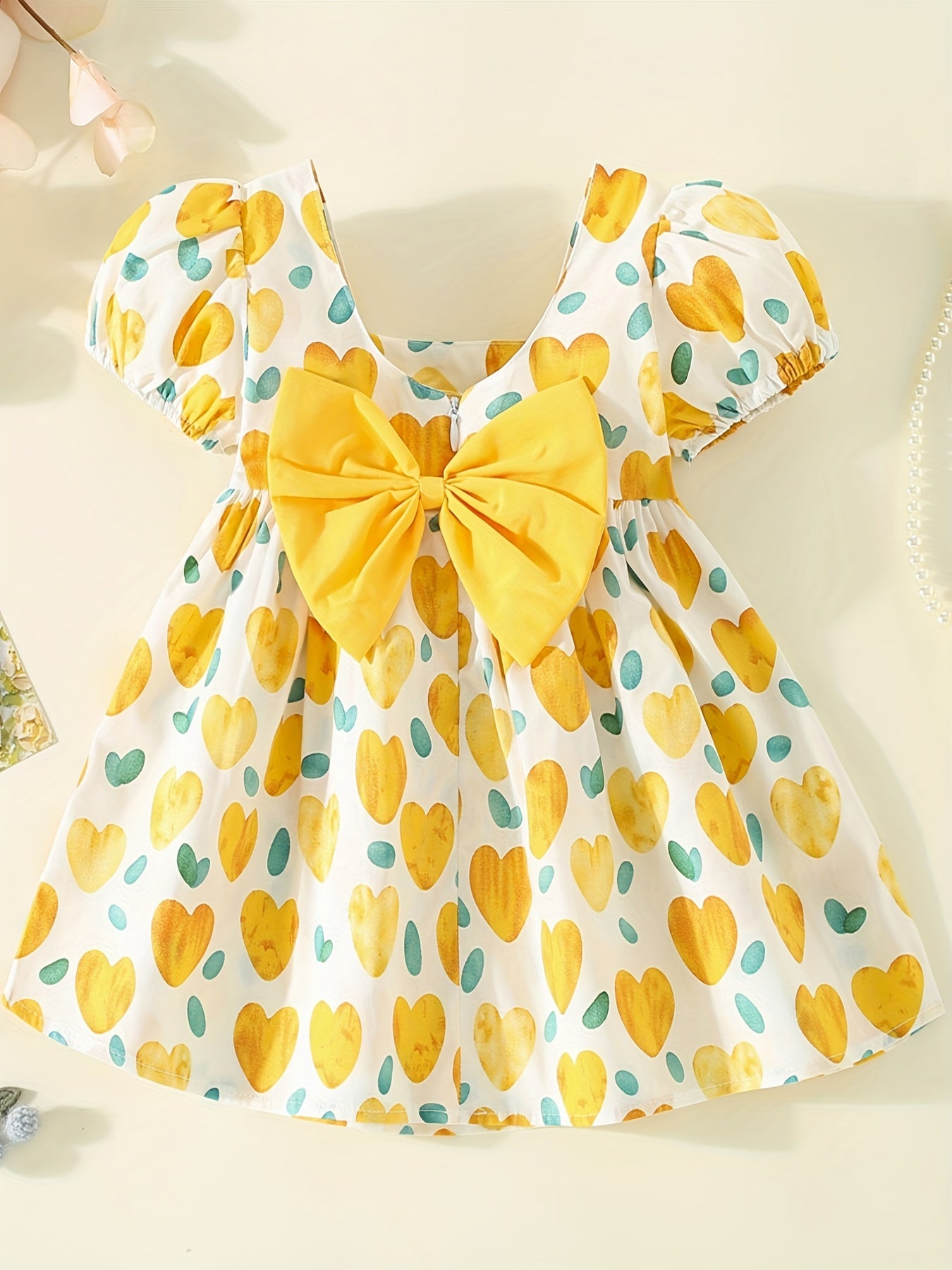 Girl's Heart Print Princess Dress with Puffy Sleeves & Big Bow