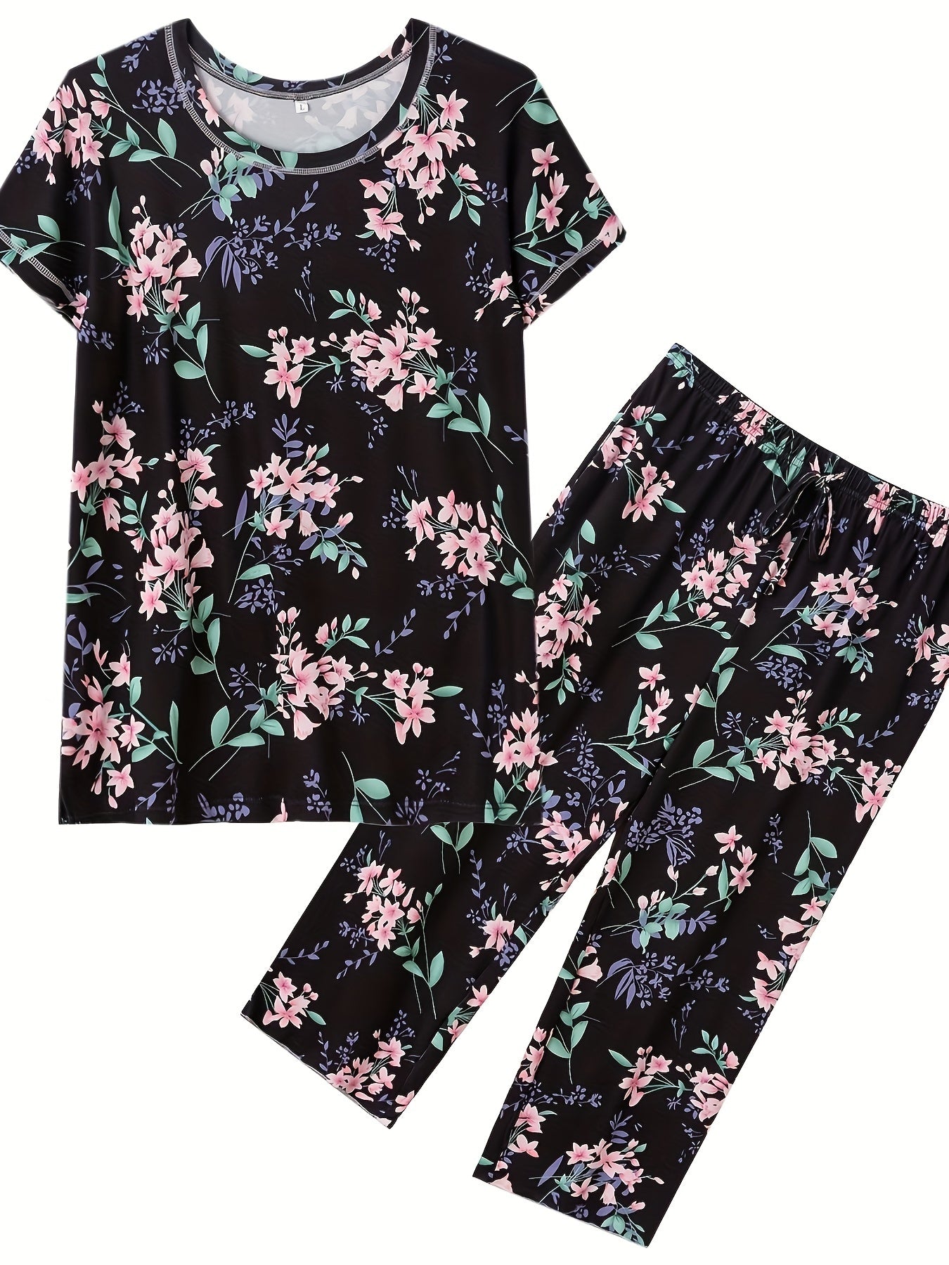Floral Print Pajama Set Short Sleeve Crew Neck Top & Crop Pants