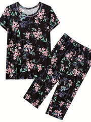 Floral Print Pajama Set Short Sleeve Crew Neck Top & Crop Pants