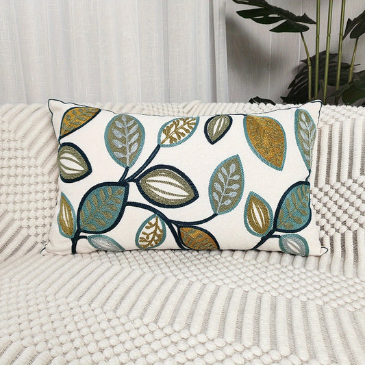 Leaf Embroidered Canvas Throw Pillow Cover for Home Decor