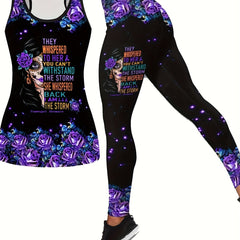 Women's Plus Floral Skull & Slogan Print Tank Top & Leggings Outfit Set