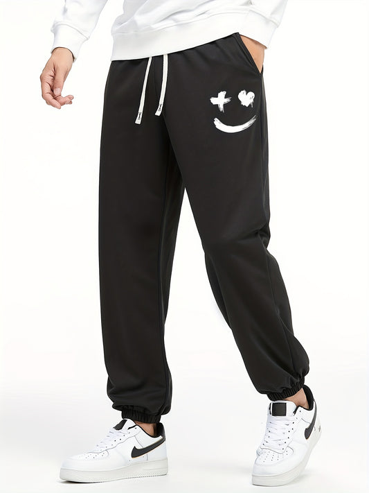 Smiling Face Print Joggers Men's Casual Loose Fit Drawstring Pants