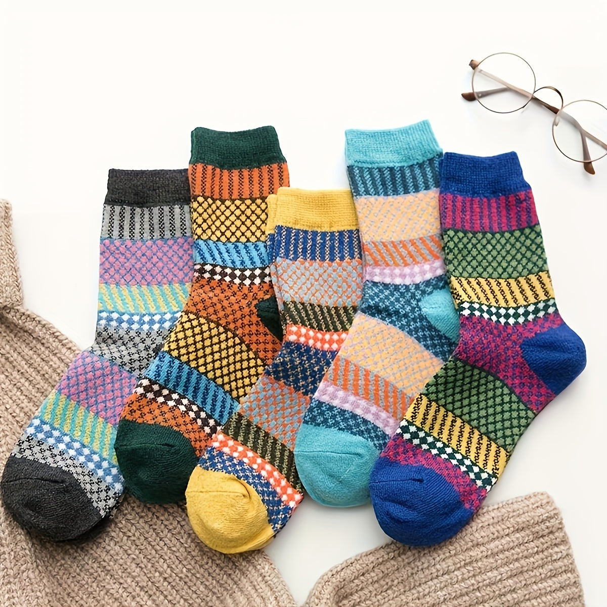5 Pairs Geometric Pattern Socks Colorblock Warm Stockings