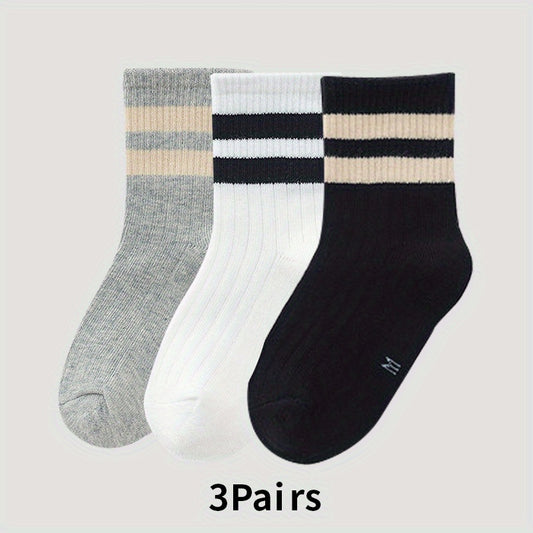 3Pairs Children's Unisex Striped Crew Socks Odor Proof Breathable Student Socks