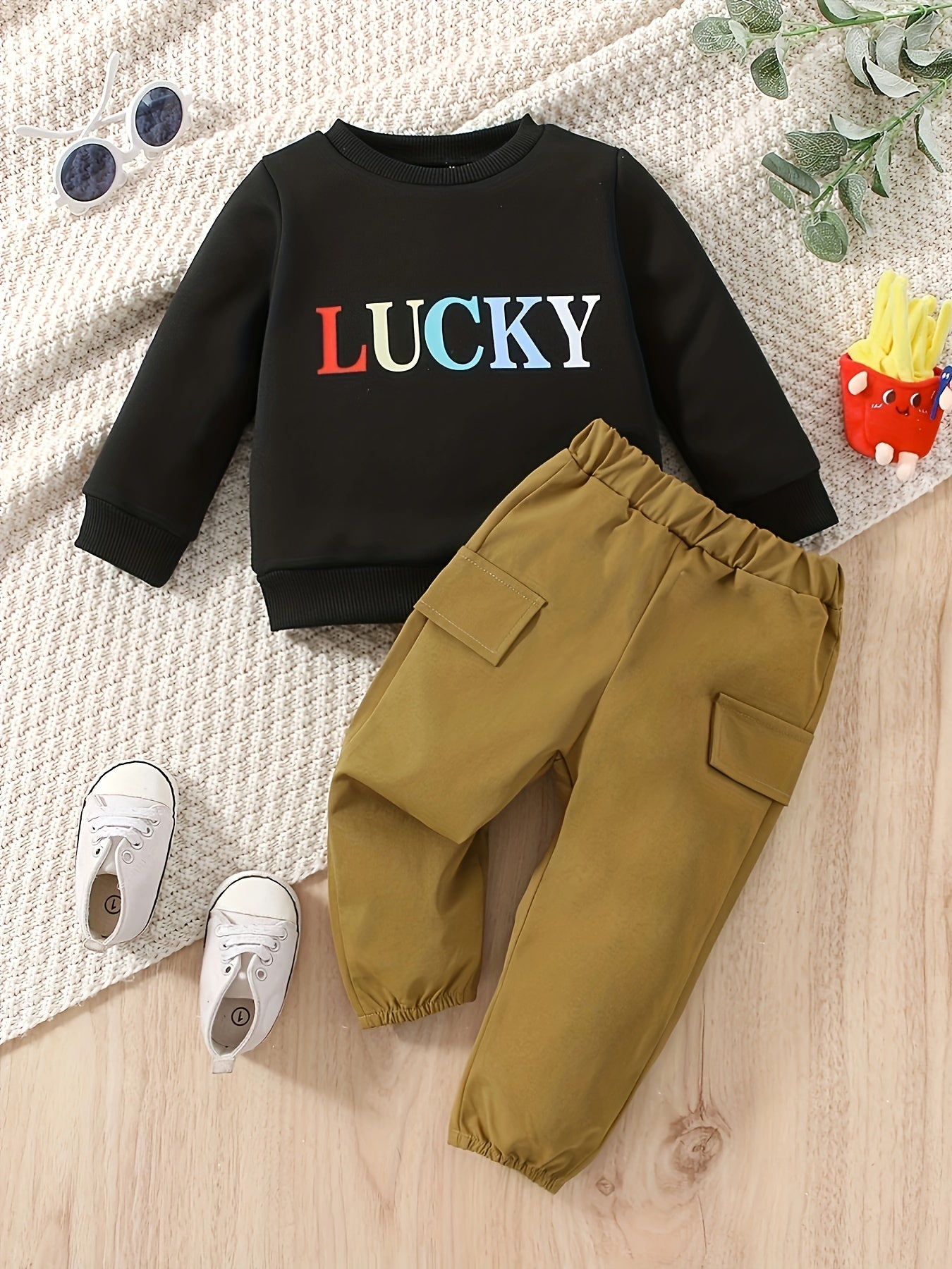 Baby Boy's LUCKY Print Outfit 2pcs Sweatshirt & Cargo Pants Set Infant's Clothes