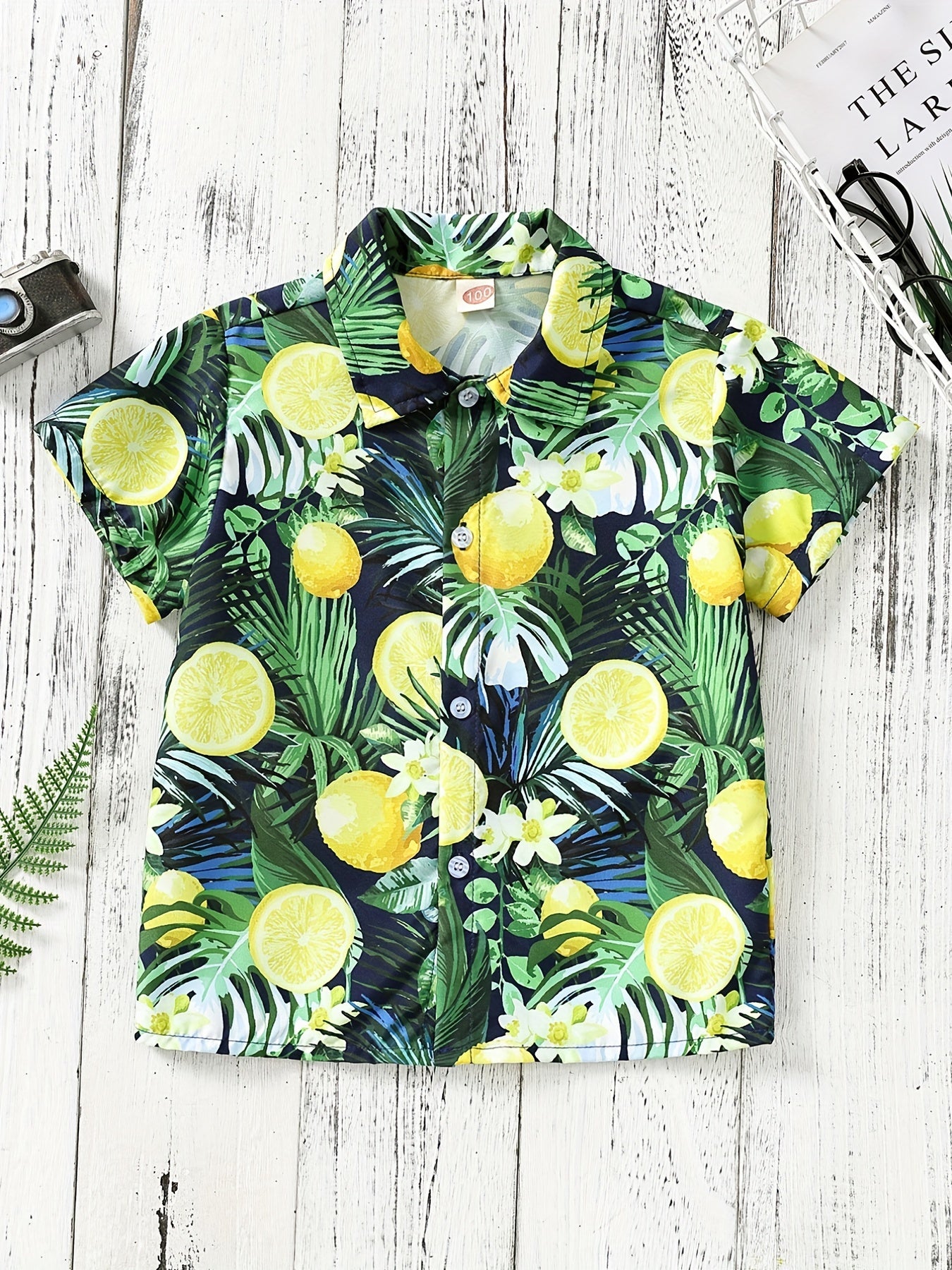Boys Lemon Leaf & Flower Print Shirt, Summer Vacation Beach Clothes