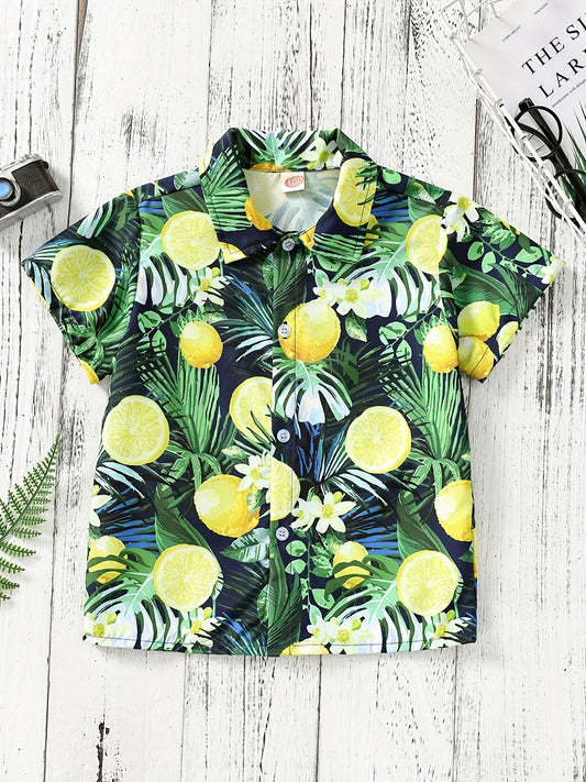 Boys Lemon Leaf & Flower Print Shirt, Summer Vacation Beach Clothes