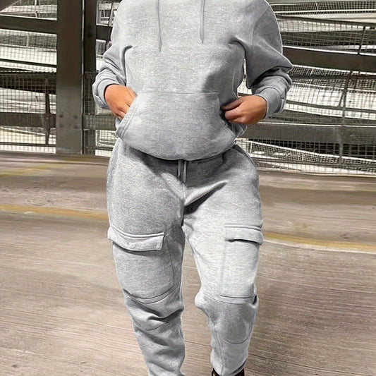  2 Piece Sporty Outfit Set Solid Hoodie & Joggers