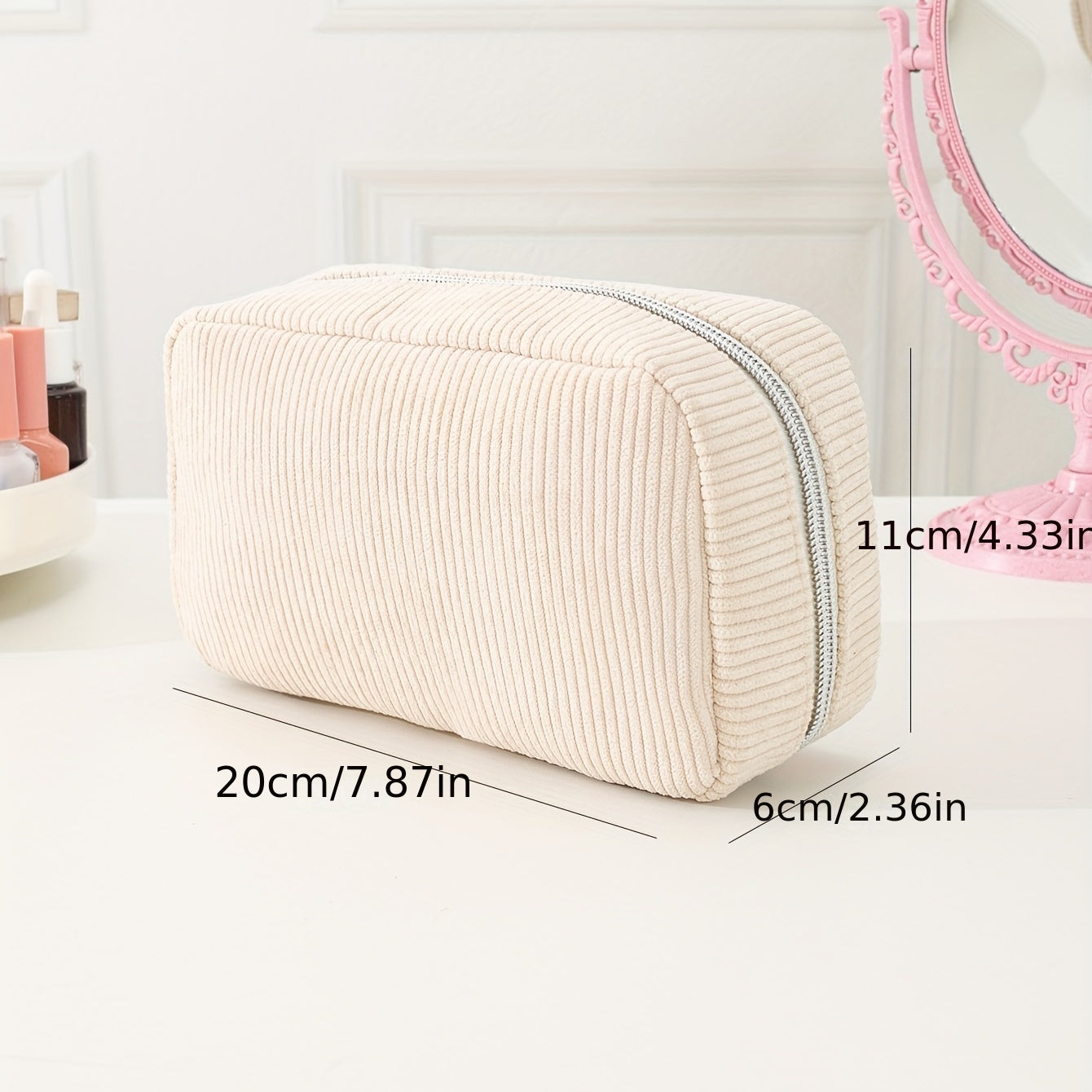 Corduroy Cosmetic Bag w/Silvery Zipper Portable Toiletry Bag