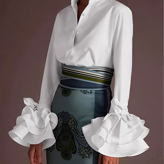  Women's Blouse Layered Sleeve Button Up Collar
