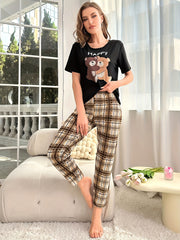 Cartoon Bear Print Pajama Set Short Sleeve T shirt & Cozy Plaid Print Long Pants