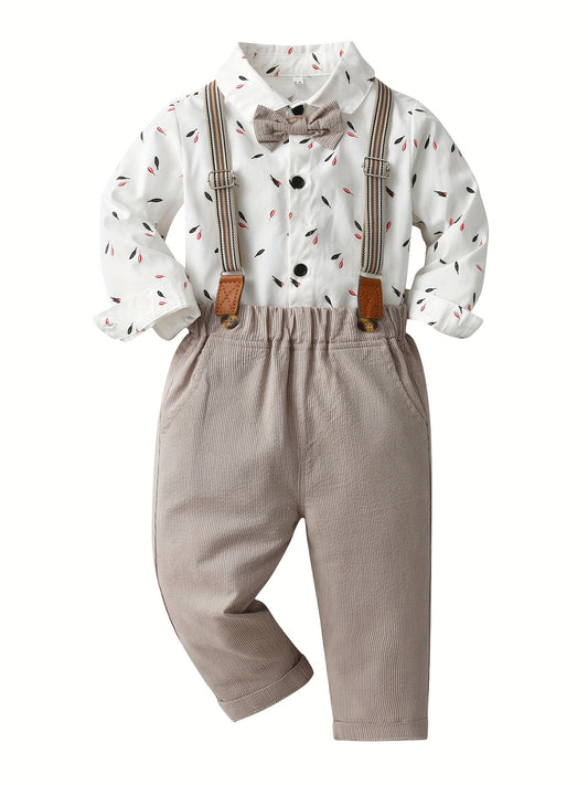 Baby Boys 2pcs Leaf Print Dress Shirt Romper & Striped Bib Pants Set