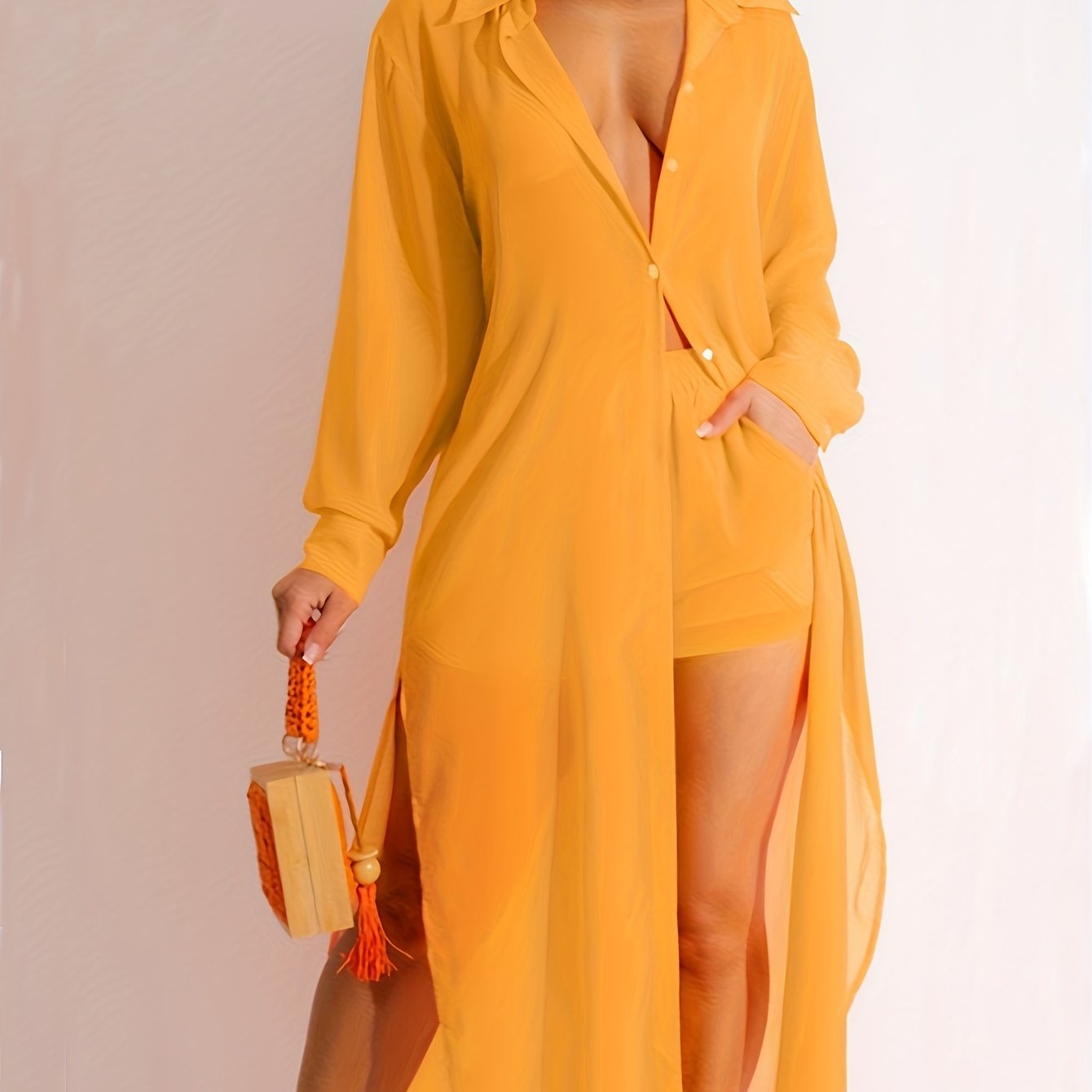  Solid Button Up Polo Neck Blouse & Shorts Set