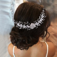Bride Rhinestone Leaf Headwear Silvery Alloy Flower Hair Comb Wedding Party