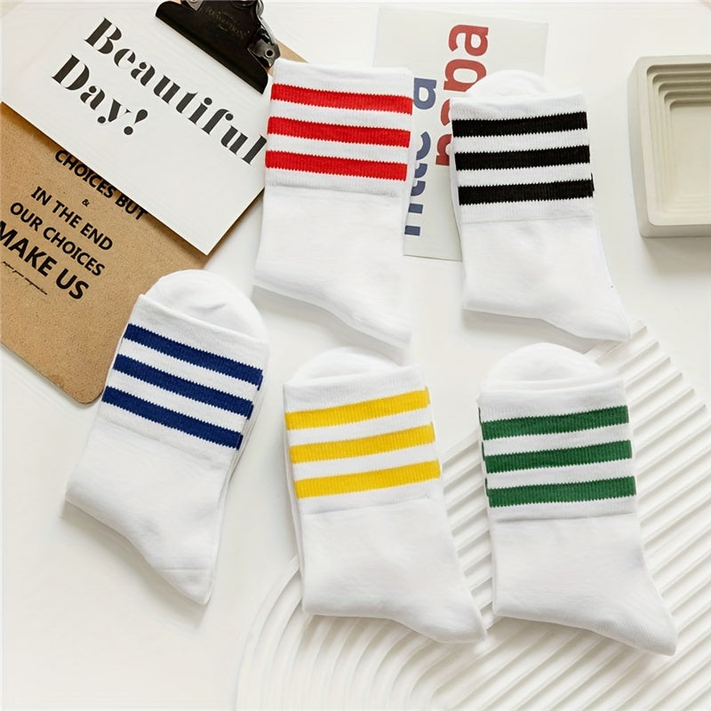 5 Pairs Breathable Striped Crew Socks Women's Stockings
