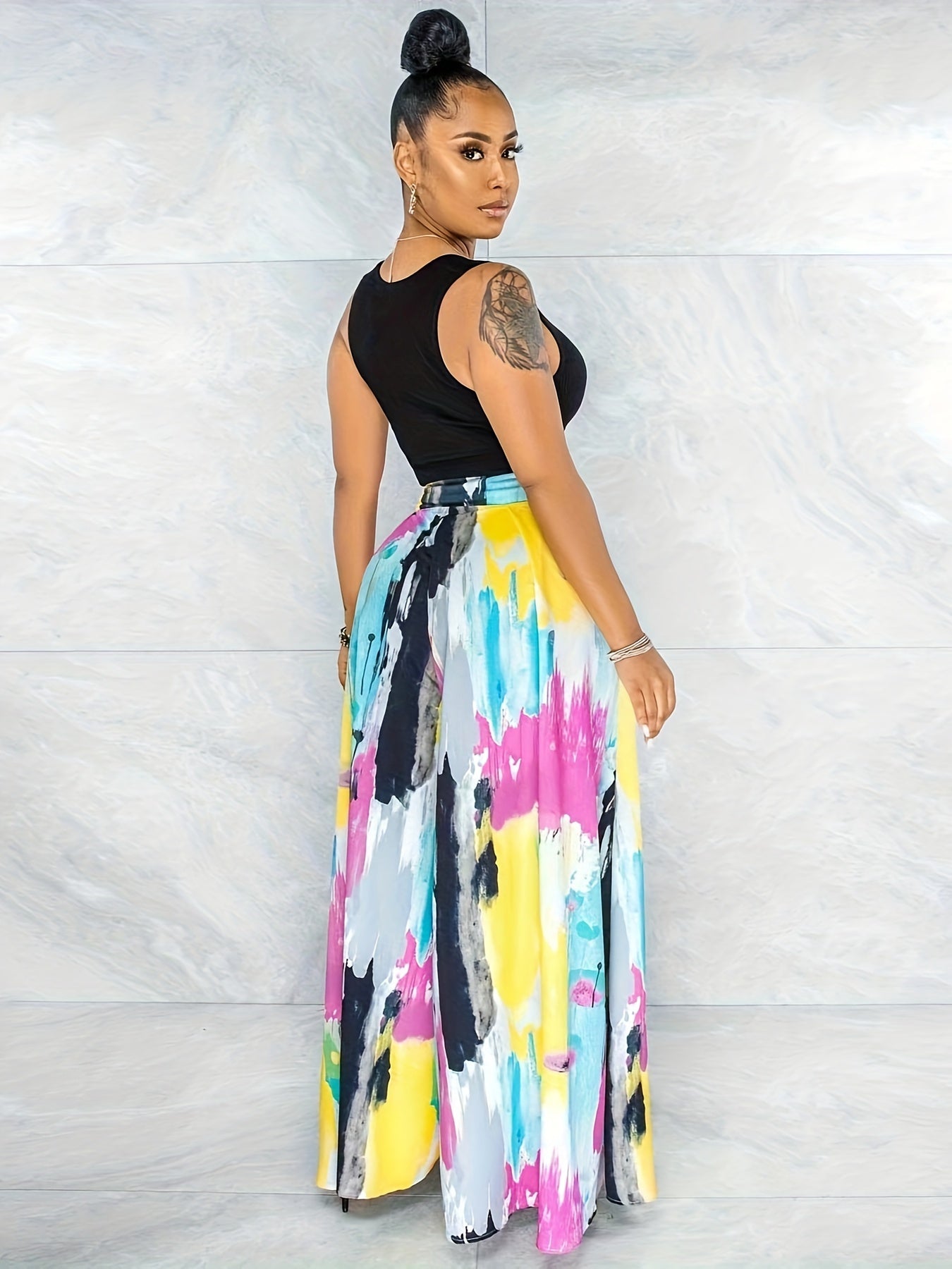  Colorblock Wide Leg Trousers With Pockets
