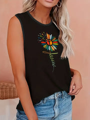  Sunflower Print Tank Top Round Neck Stretch Top