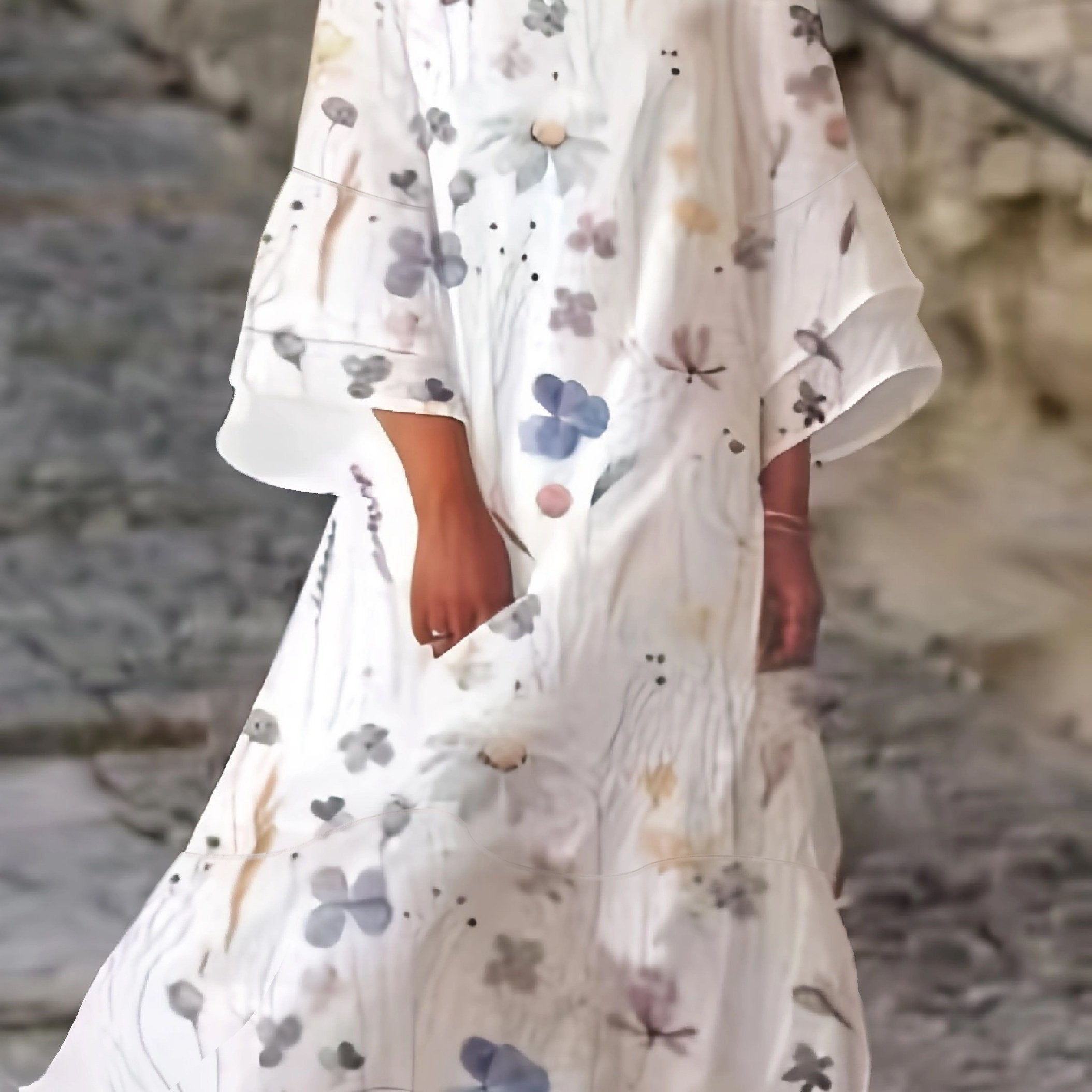  Floral Print Bell Sleeve Maxi Dress