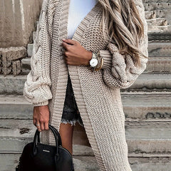  Solid Cable Lantern Sleeve Cardigan