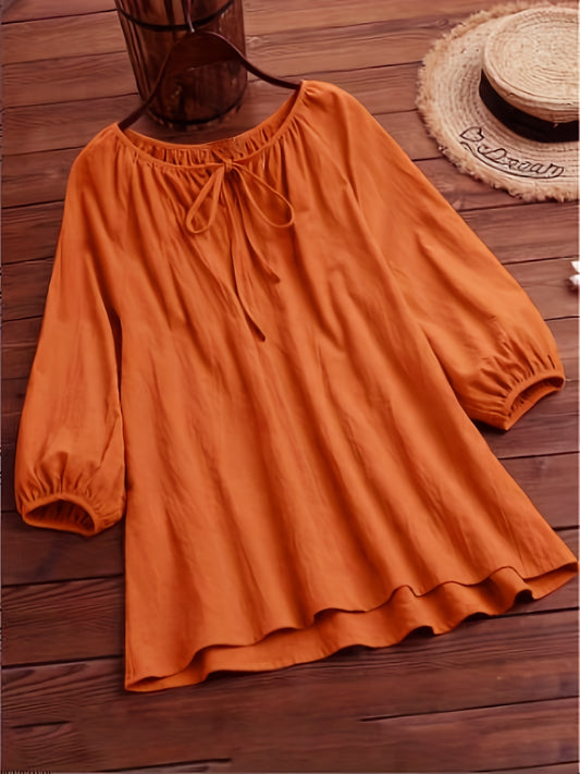  Solid Long Sleeve Round Neck Keyhole Tie Blouse