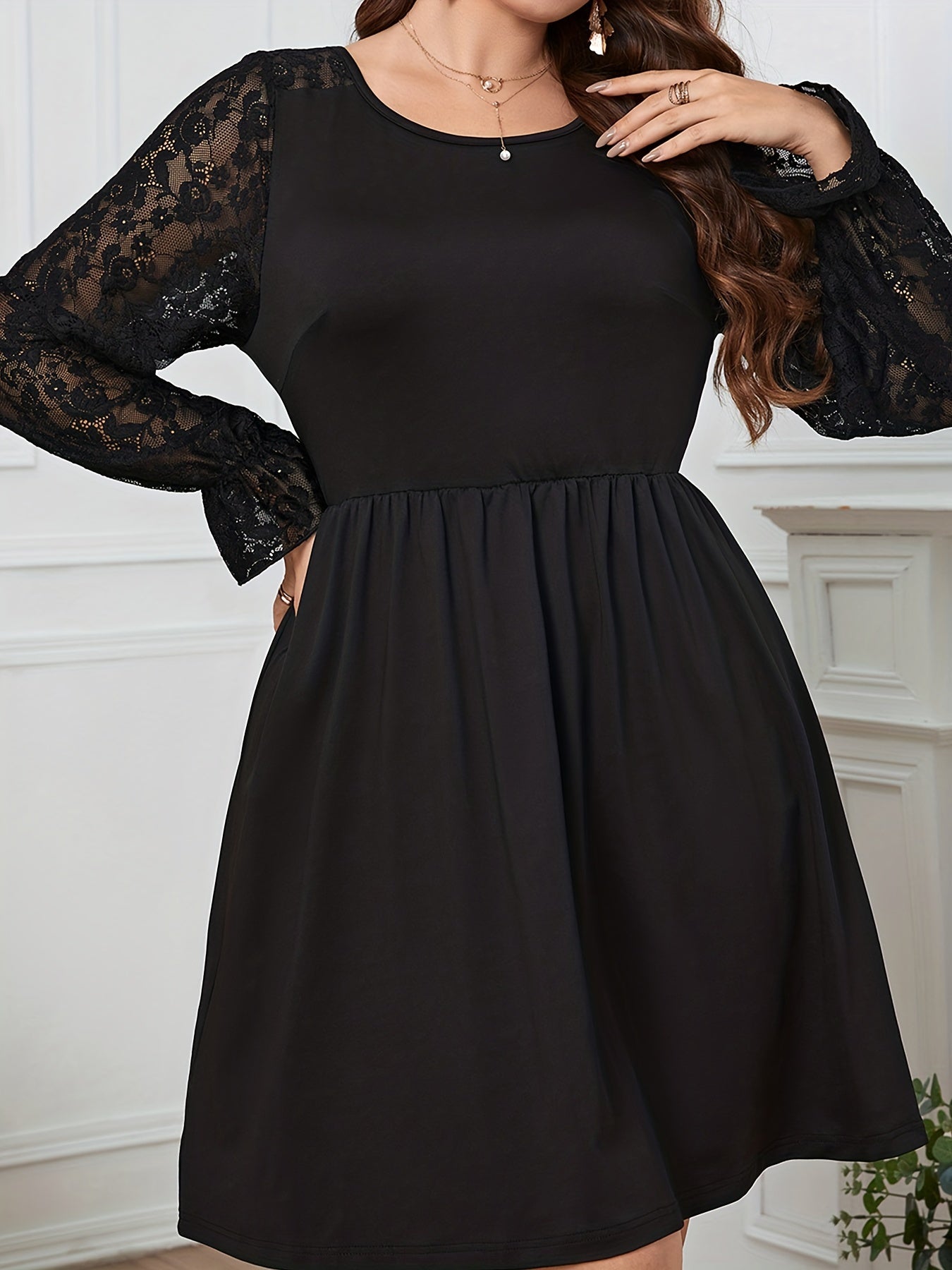  Casual Dress Women's Solid Lace Lantern Sleeve Round Neck Dress