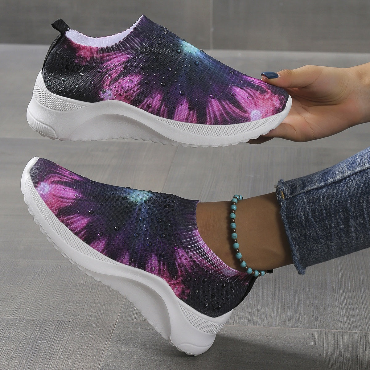 Women's Rhinestone Decor Knit Sock Shoes Low Top Slip On Sneakers