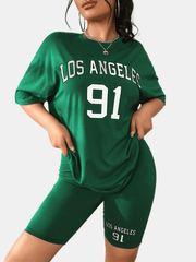 Letter Print Two piece Set Short Sleeve T shirt & Skinny Shorts Outfits