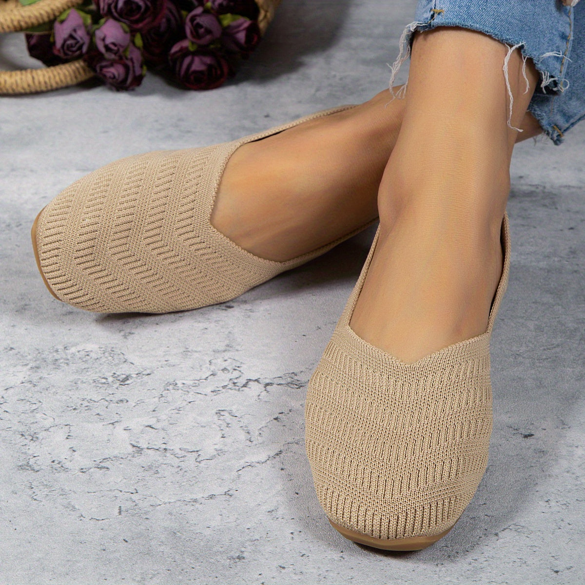 Women's Knitted Ballet Flats Comfy Slip On Shoes