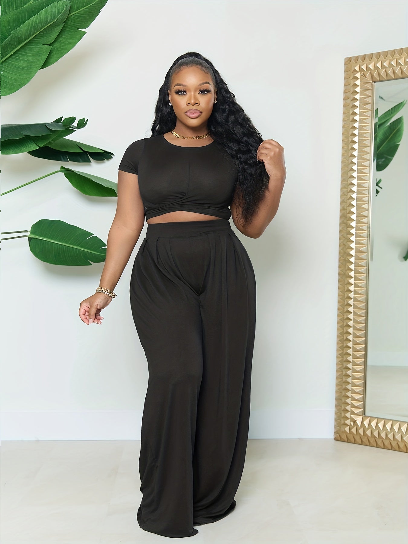  2 Piece Set Women's Short Sleeve Crop Top & Wide Leg Pants