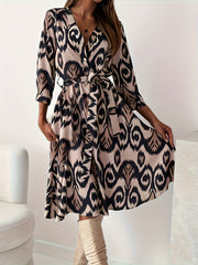  Allover Print Button Up Long Sleeve V Neck Knee Length Dress