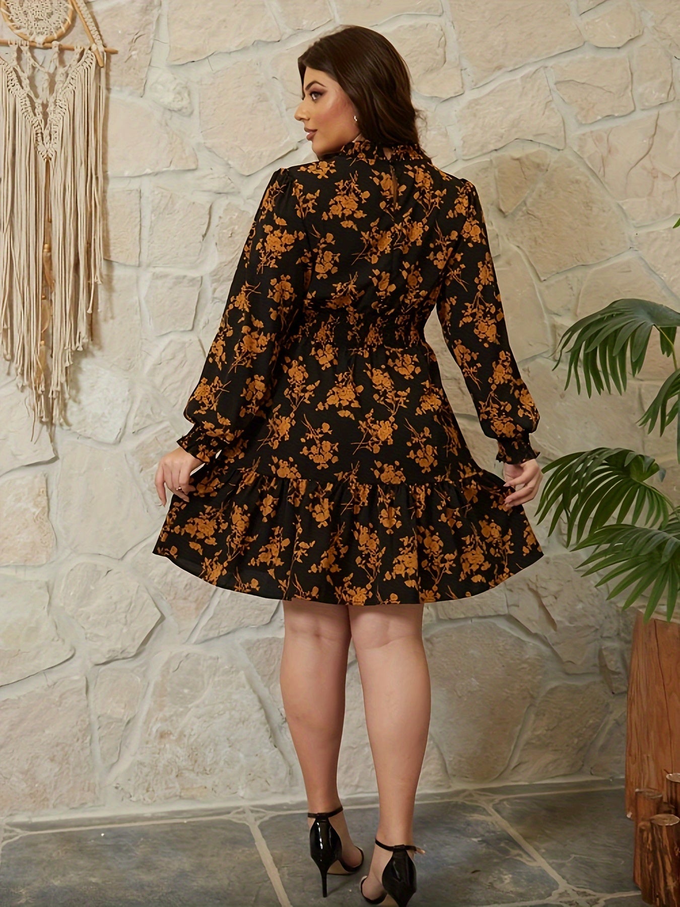 Women's Plus Floral Lantern Sleeve Smock Mini Dress