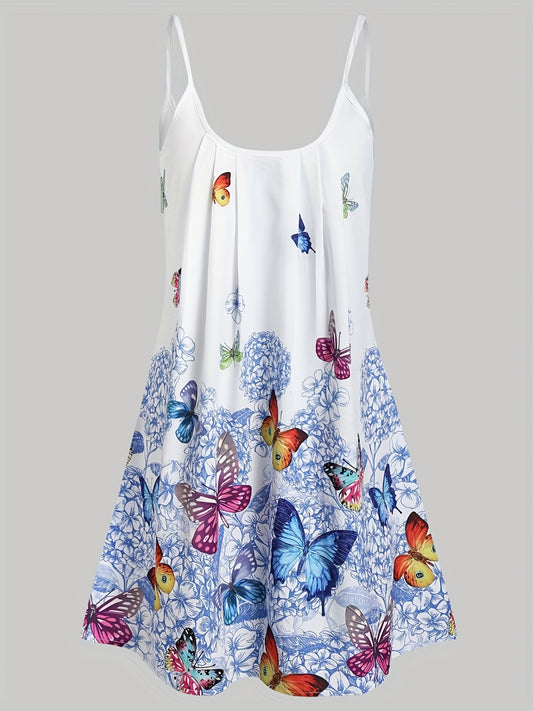  Women's Ruched Butterfly & Floral Print Cami Dress