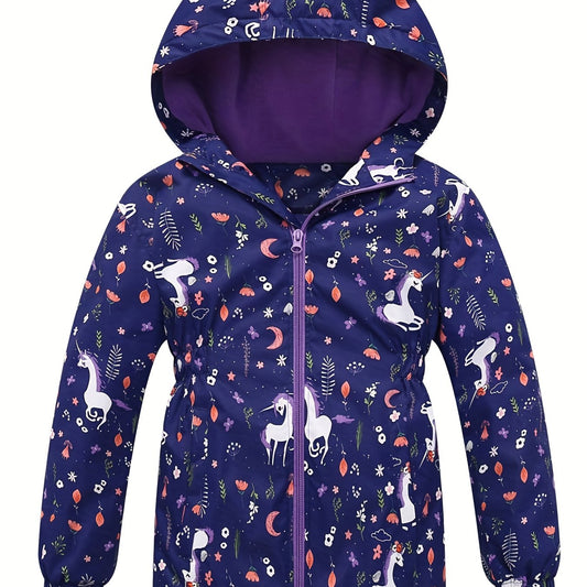 Toddler Girls Unicorn Hooded Jacket Waterproof Zipper Coat