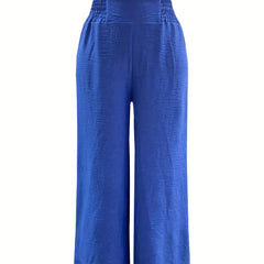 Solid Wide Leg Trousers with Elastic Waist